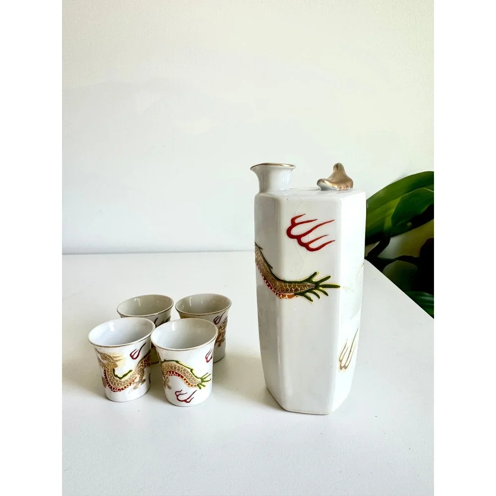 Vintage Japanese Porcelain‎ Sake Set Hexagonal Dragon Decanter 4 Cups Gold Trim